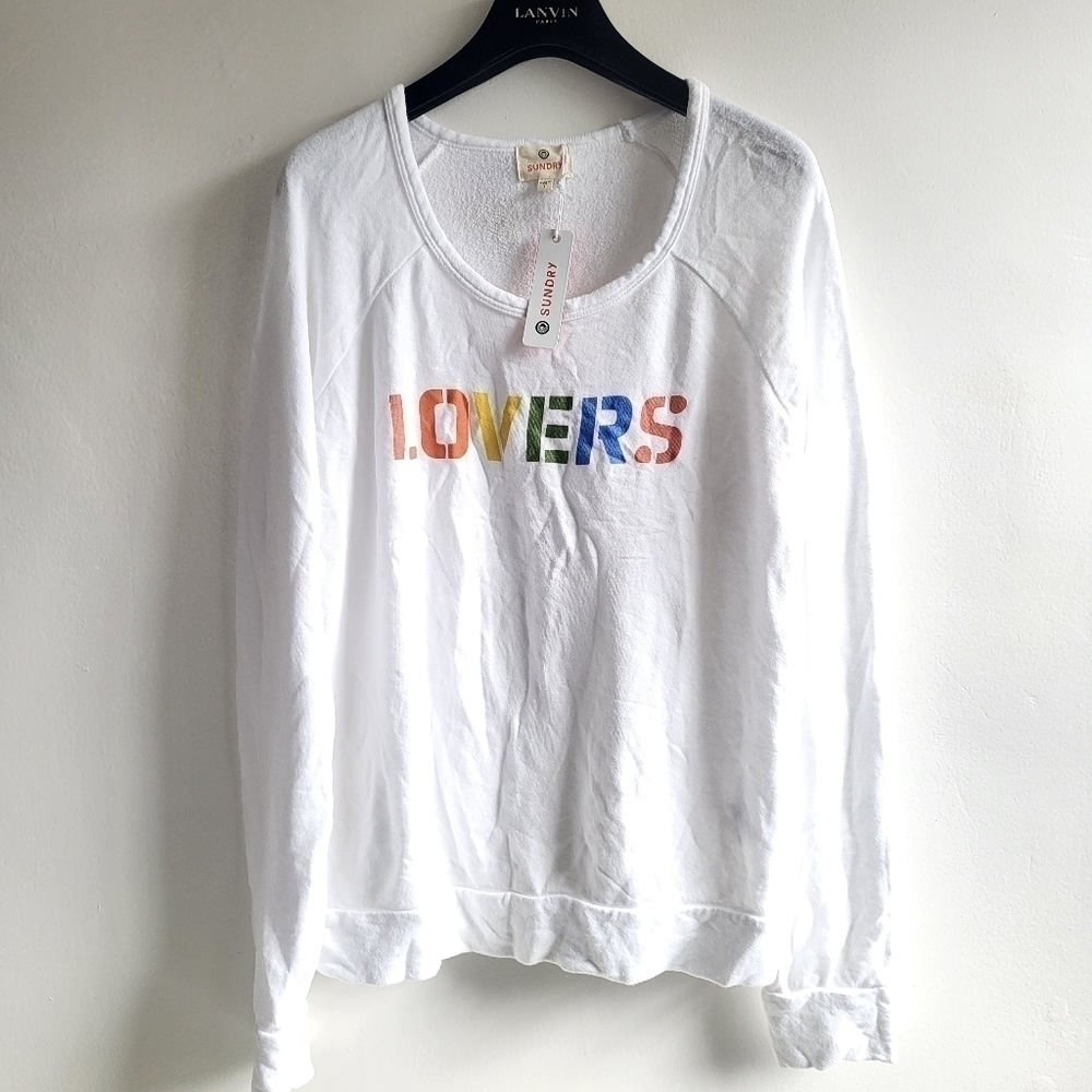 New Sundry Lovers Rainbow Graphic Front Crewneck Pullover Sweatshirt NWT 3/Large